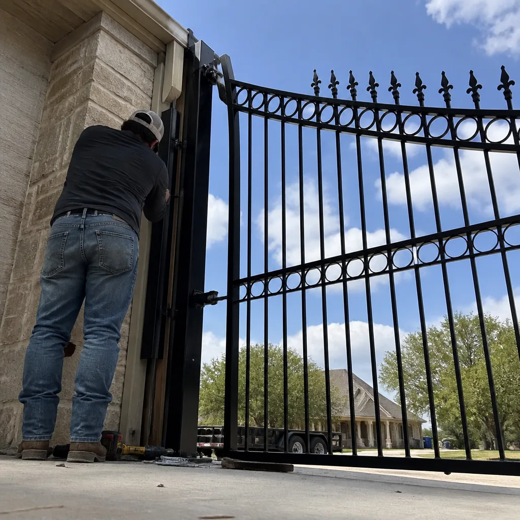 Technician performing professional wrought iron driveway gate installation and repair