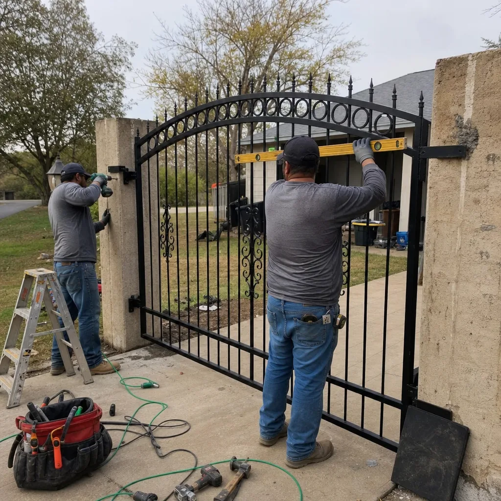 Professional workers installing a custom black metal security gate.