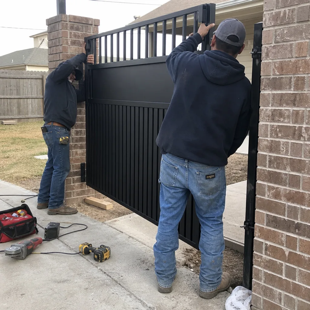 Two professional contractors installing a new black metal driveway gate