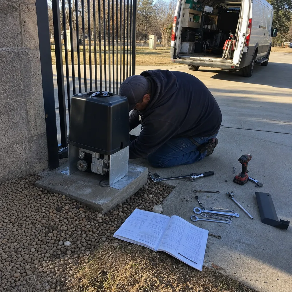 Technician repairing a sliding gate motor with tools and manual