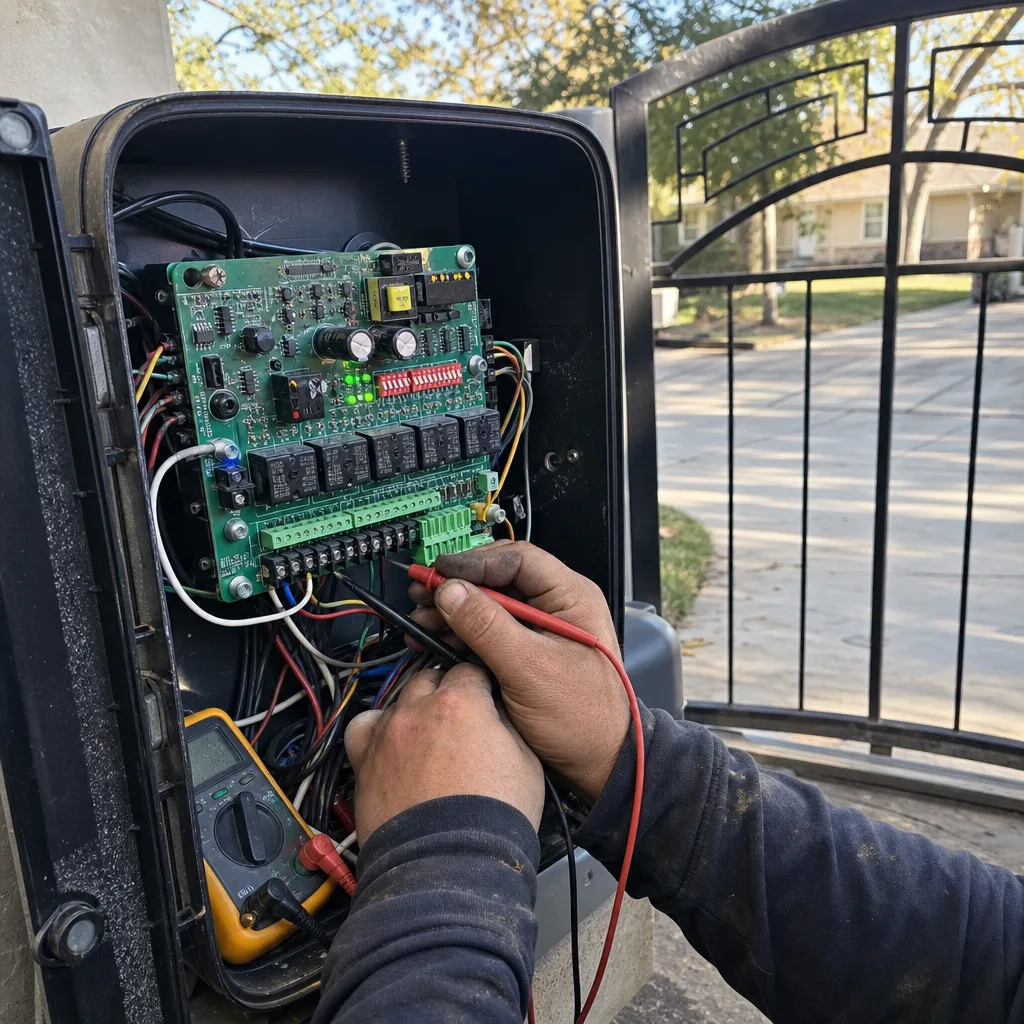 Technician using multimeter to troubleshoot electronic automatic gate opener control board