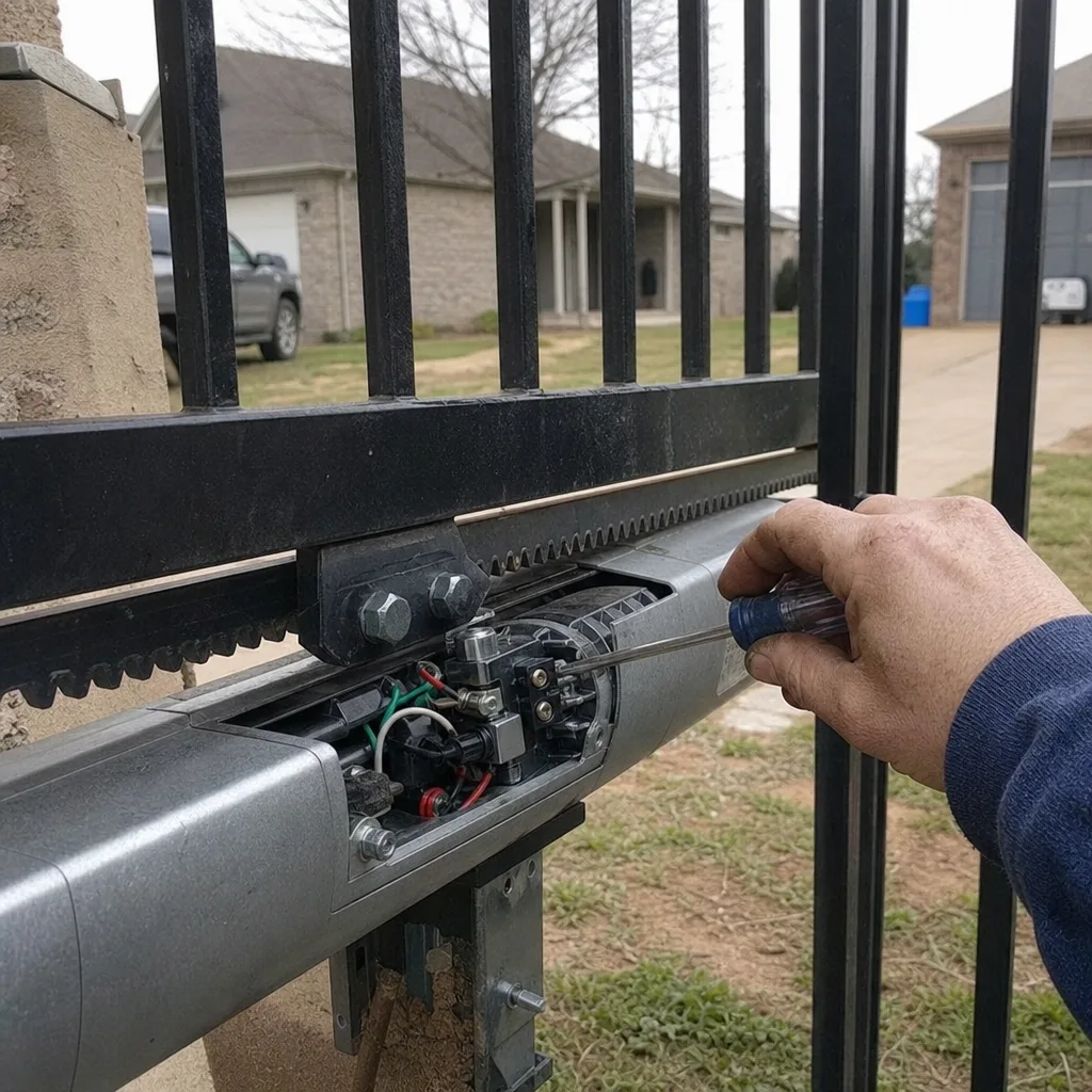 Technician performing maintenance on an automatic sliding gate motor