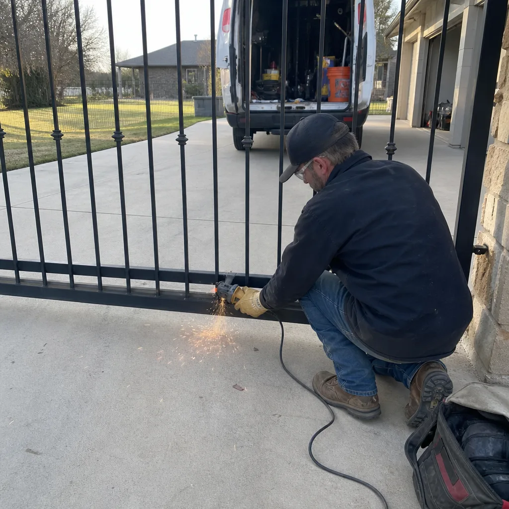Technician using an angle grinder to perform professional metal gate repair.