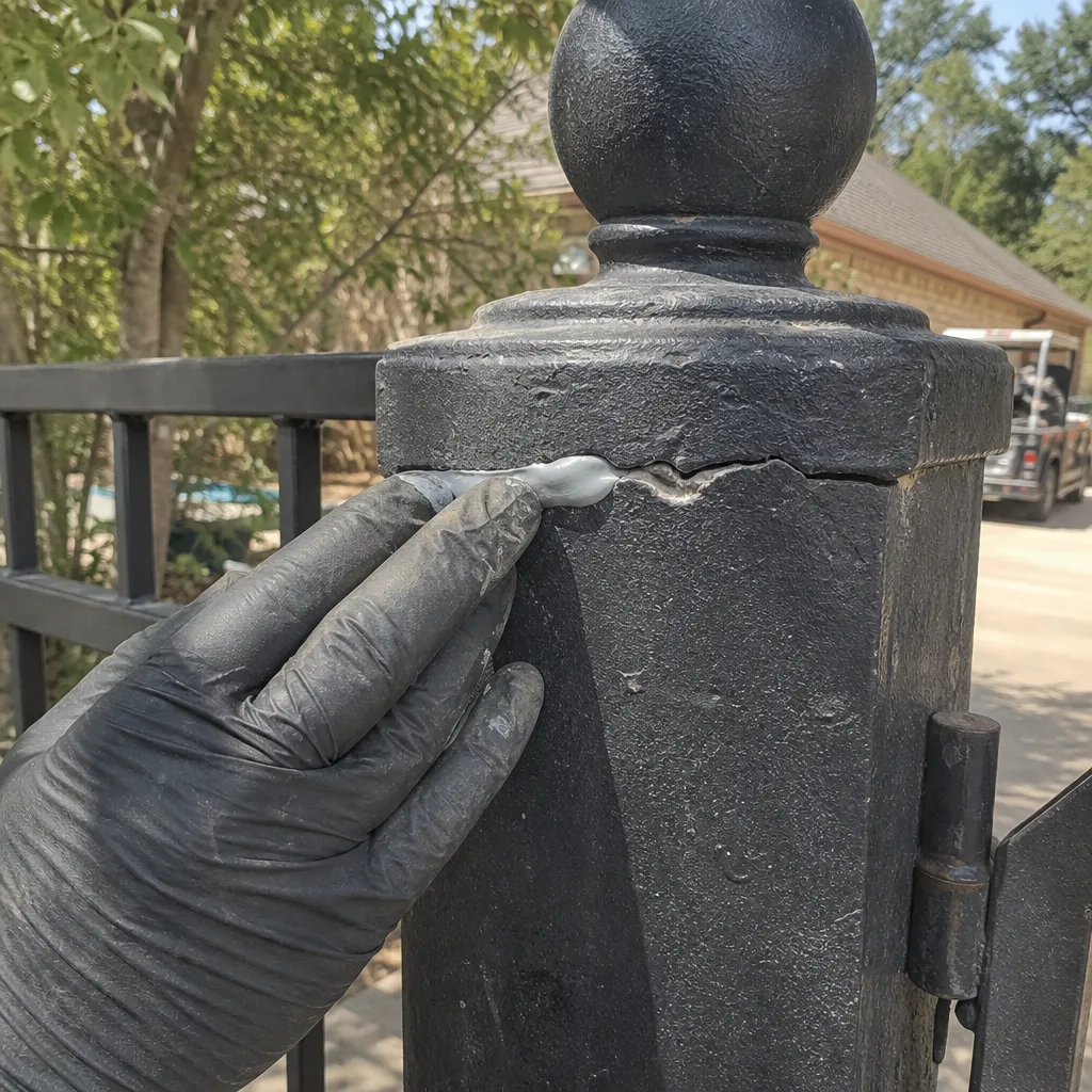 Gloved hand repairing a metal gate post with sealant