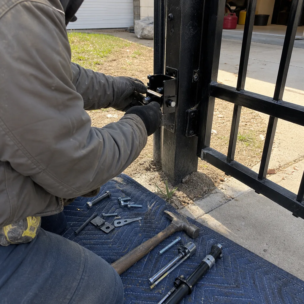 Professional technician repairing a metal gate post with tools