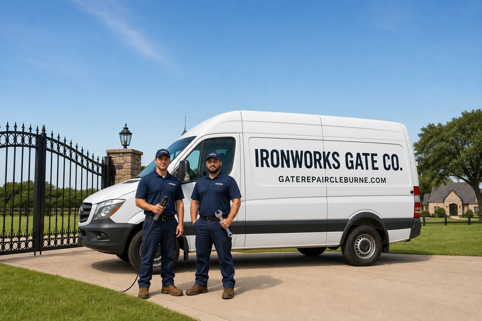 Ironworks Gate Co. gate repair service vehicle and crew in Cleburne, TX